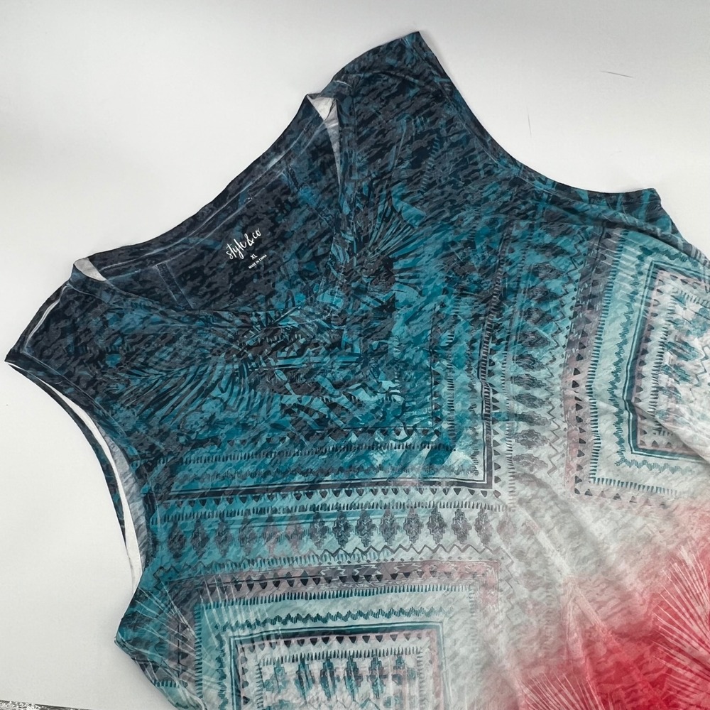Style & Co Womens XL Teal Red Ombre Geometric Tribal Burnout V-Neck Tank Top